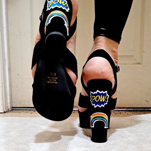 Black Denim Patched Open Toe Ankle Strap BlockHeel - Picture 4 of 8